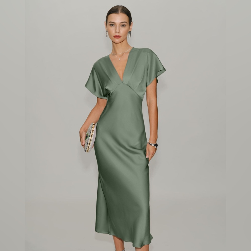 Green Satin V Neck A-Line Midi Dress
